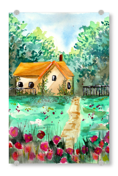 Acrylglasbild "Kleines Gartenhaus" artboxONE - Natur - Haus,Garten,Landschaft,Wald,Bäume,Blumen,Wiesen,Natur,Sommer,Frühling