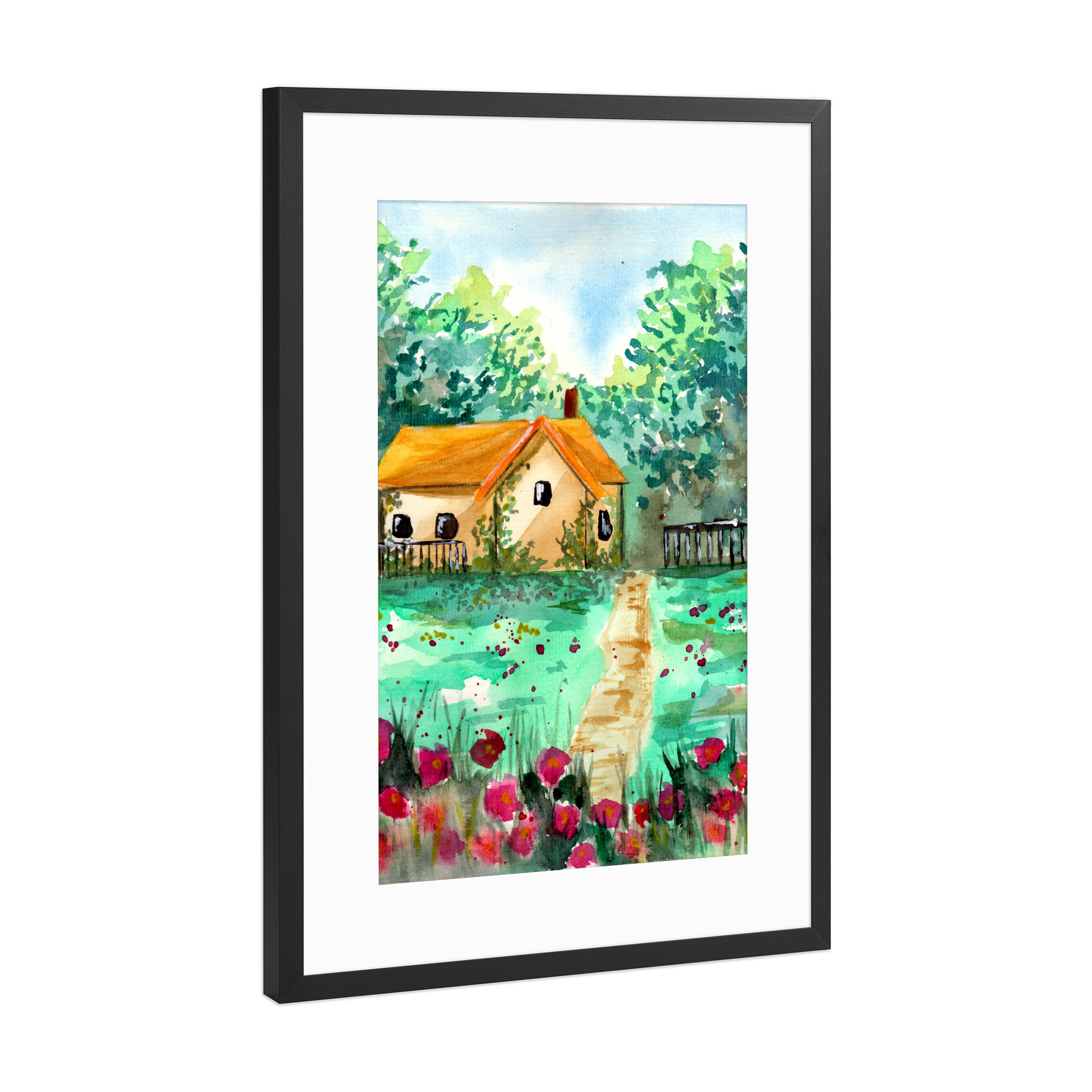 Poster mit Rahmen Schwarz (Metallic) "Kleines Gartenhaus" artboxONE - Natur - Haus,Garten,Landschaft,Wald,Bäume,Blumen,Wiesen,Natur,Sommer,Frühling