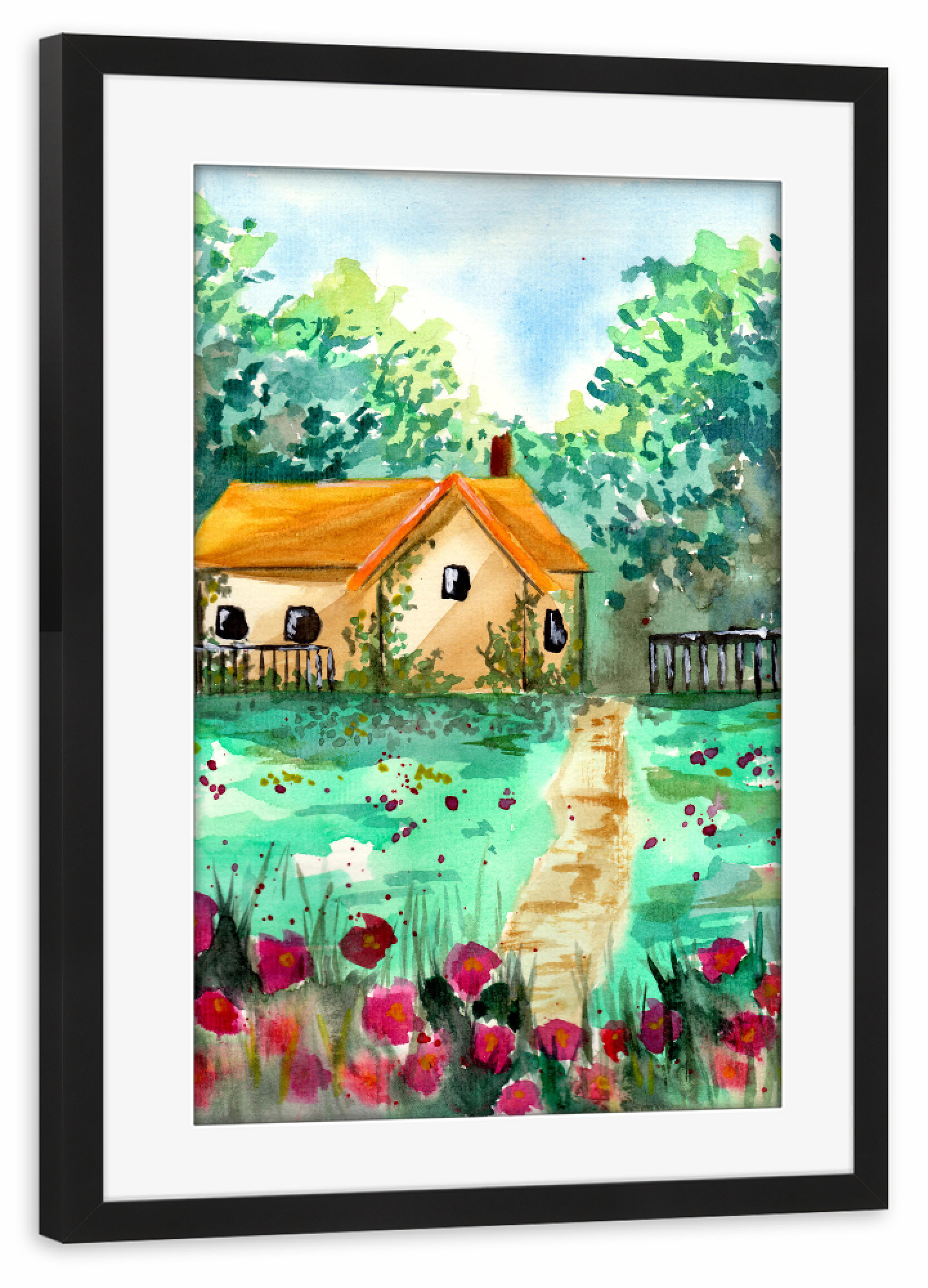 Poster mit Rahmen schwarz "Kleines Gartenhaus" artboxONE - Natur - Haus,Garten,Landschaft,Wald,Bäume,Blumen,Wiesen,Natur,Sommer,Frühling