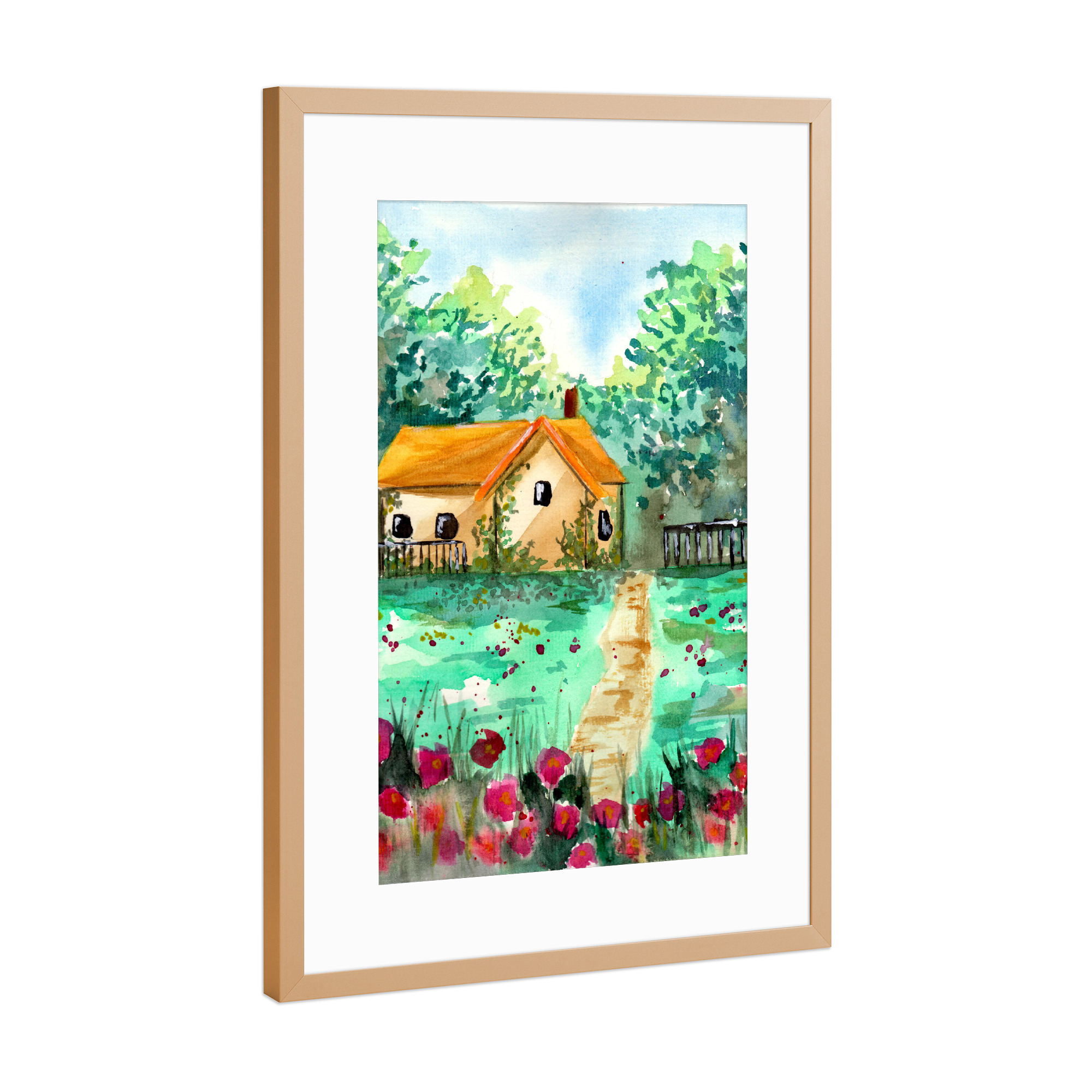 Poster mit Rahmen Kupfer "Kleines Gartenhaus" artboxONE - Natur - Haus,Garten,Landschaft,Wald,Bäume,Blumen,Wiesen,Natur,Sommer,Frühling