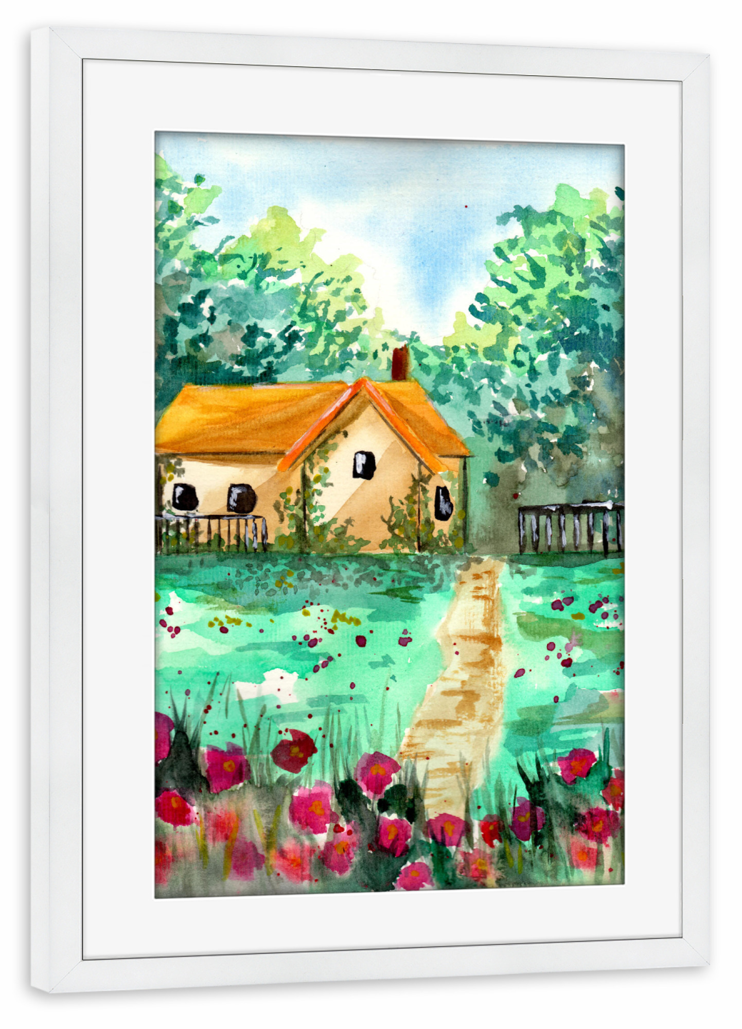 Poster mit Rahmen weiß "Kleines Gartenhaus" artboxONE - Natur - Haus,Garten,Landschaft,Wald,Bäume,Blumen,Wiesen,Natur,Sommer,Frühling
