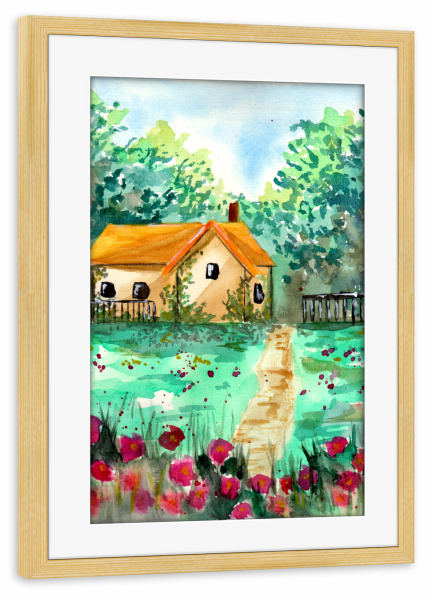 Poster mit Rahmen kiefer "Kleines Gartenhaus" artboxONE - Natur - Haus,Garten,Landschaft,Wald,Bäume,Blumen,Wiesen,Natur,Sommer,Frühling