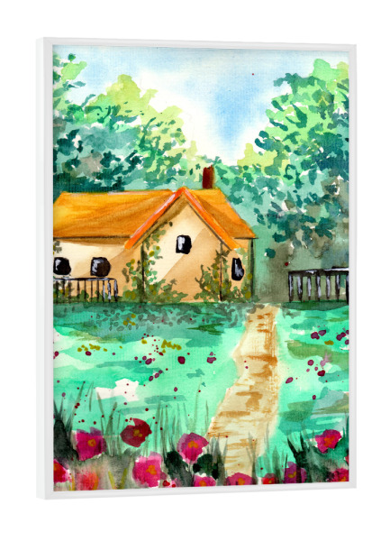Poster mit weißem Rahmen "Kleines Gartenhaus" artboxONE - Natur - Haus,Garten,Landschaft,Wald,Bäume,Blumen,Wiesen,Natur,Sommer,Frühling