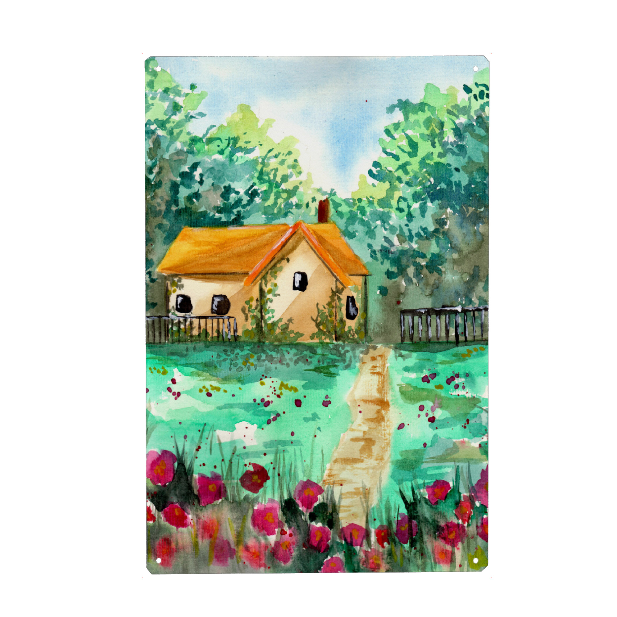 Metall Poster "Kleines Gartenhaus" artboxONE - Natur - Haus,Garten,Landschaft,Wald,Bäume,Blumen,Wiesen,Natur,Sommer,Frühling - Blechschild