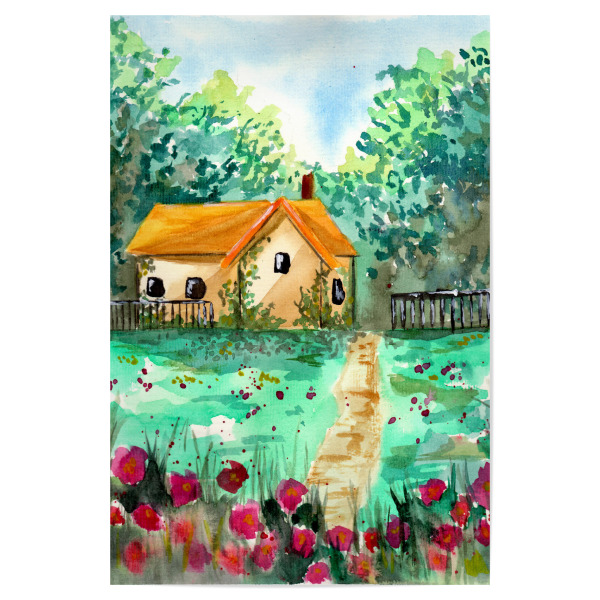 Poster "Kleines Gartenhaus" artboxONE - Natur - Haus,Garten,Landschaft,Wald,Bäume,Blumen,Wiesen,Natur,Sommer,Frühling