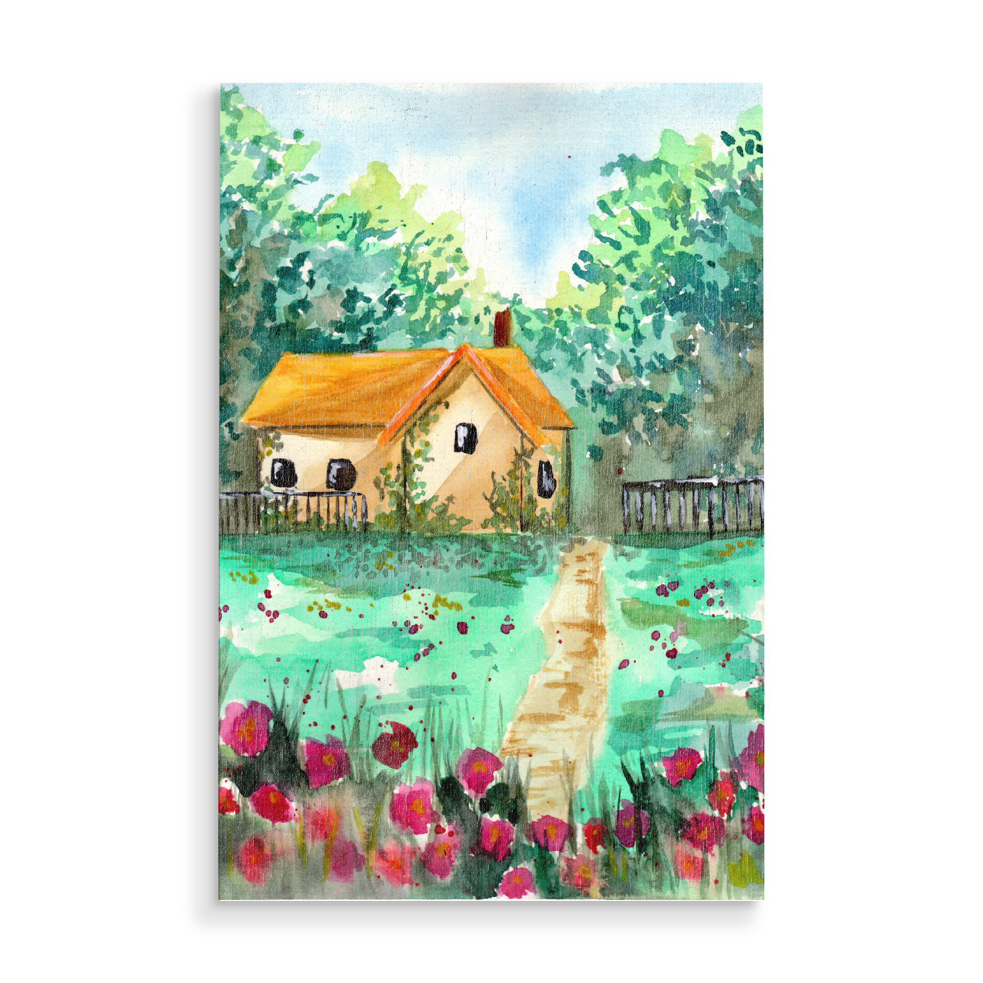 Holzbild "Kleines Gartenhaus" artboxONE - Natur - Haus,Garten,Landschaft,Wald,Bäume,Blumen,Wiesen,Natur,Sommer,Frühling