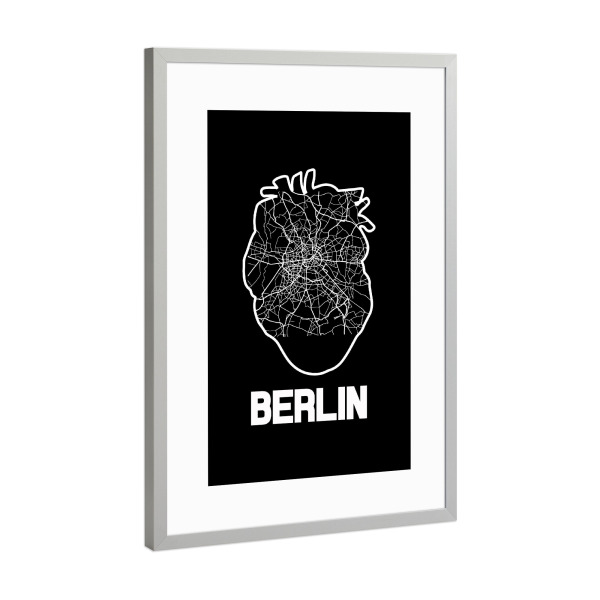 Poster mit Rahmen Silber "Berliner Herzkarte" artboxONE - Städte / Berlin,Reise,Kartografie