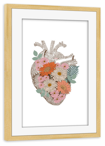 Poster mit Rahmen kiefer "Vintage Blumenherz" artboxONE - Floral,Abstrakt - Vintage,Herz,Blumen,Blume,Natur,Romantik,Kollage,Leben,Liebe