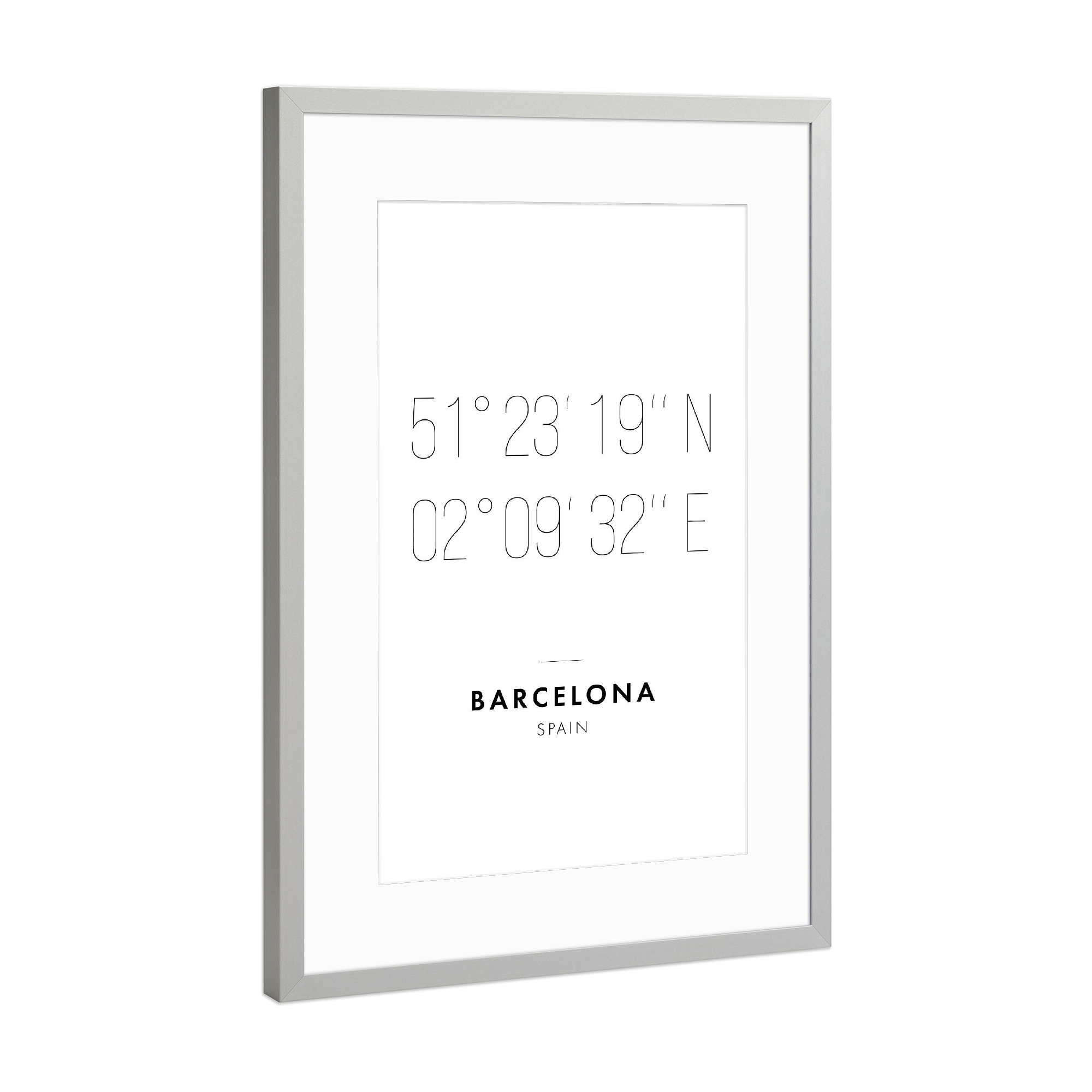 Poster mit Rahmen Silber "Koordinaten Barcelona" artboxONE - Städte,Reise,Schwarzweiß,Städte / Barcelona,Kartografie
