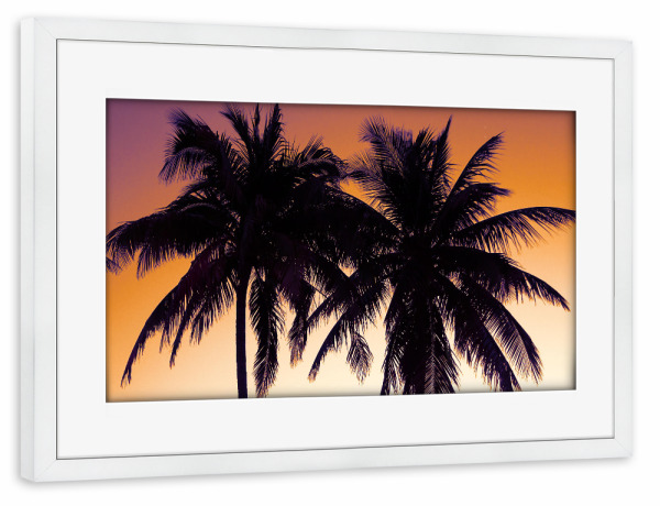Poster mit Rahmen weiß "Sonnenuntergang hinter Palmen" artboxONE - Natur,Reise,Floral,Reise / Strand und Meer,Reise / Länder