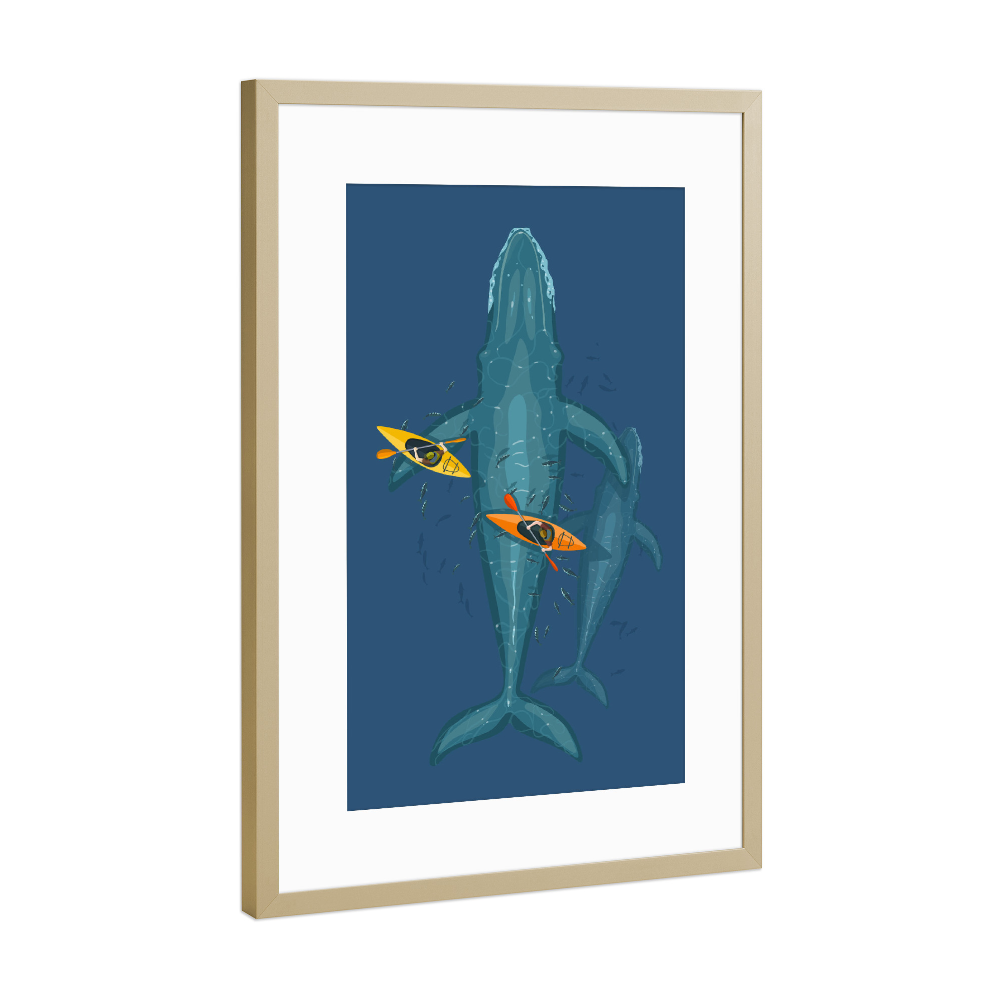 Poster mit Rahmen Gold "Kanus auf Walfamilie" artboxONE - Tiere