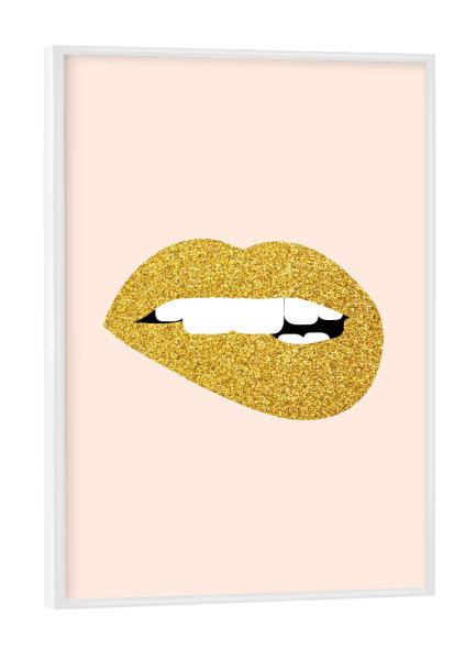 Poster mit weißem Rahmen "Sag nichts Böses" artboxONE - Liebe - Grafik,Konzept,Vektor,Lippen,Menschlich,Emotionen,Völlerei,Gold,Mund,Sprechen