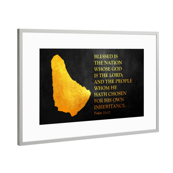 Poster mit Rahmen Silber "Barbados-Bibelvers-Goldkarte" artboxONE - Reise / Länder - Barbados,Gold,Karte