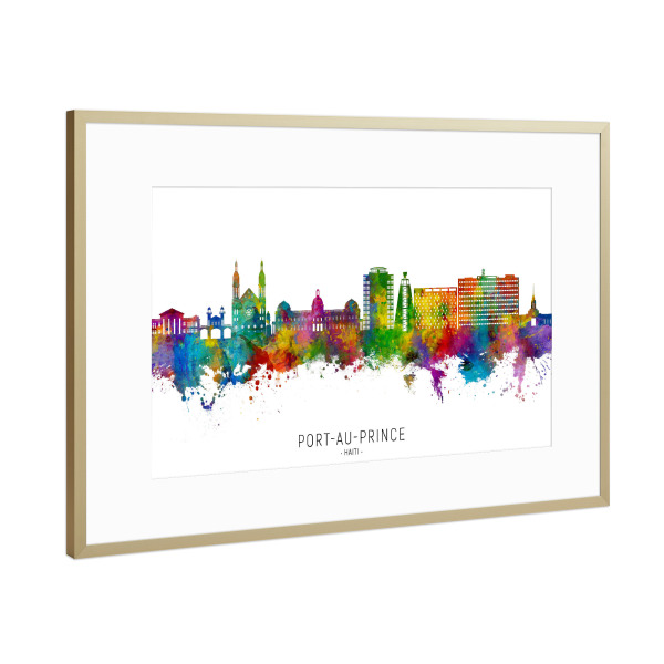 Poster mit Rahmen Gold "Port-au-Prince Haiti Skyline txt" artboxONE - Städte - Port-au-prince,Haiti,Skyline,Stadtbild,Stadtbild,Aquarell,Malerei
