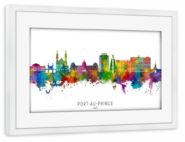 Poster mit Rahmen weiß "Port-au-Prince Haiti Skyline txt" artboxONE - Städte - Port-au-prince,Haiti,Skyline,Stadtbild,Stadtbild,Aquarell,Malerei