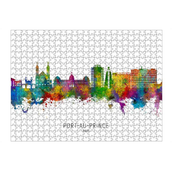 Puzzle Ravensburger "Port-au-Prince Haiti Skyline txt" artboxONE - Städte - Port-au-prince,Haiti,Skyline,Stadtbild,Stadtbild,Aquarell,Malerei