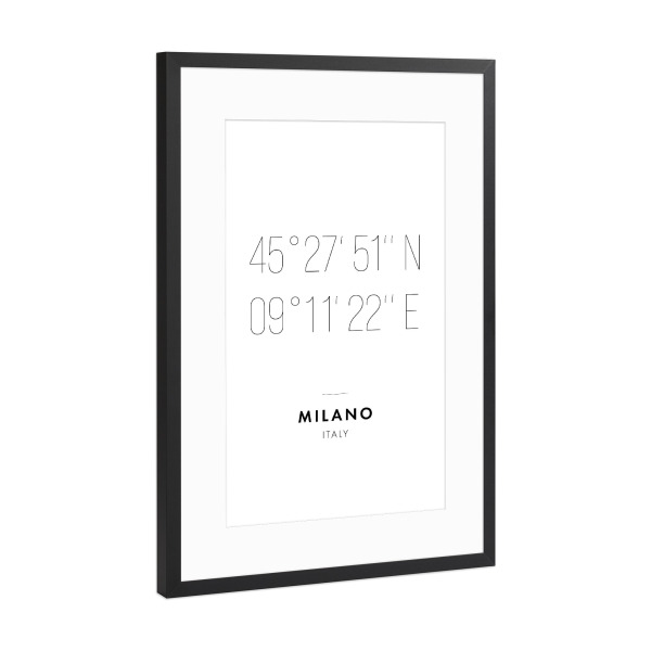 Poster mit Rahmen Schwarz (Metallic) "Koordinaten Mailand" artboxONE - Städte,Reise,Schwarzweiß,Städte / Mailand,Kartografie