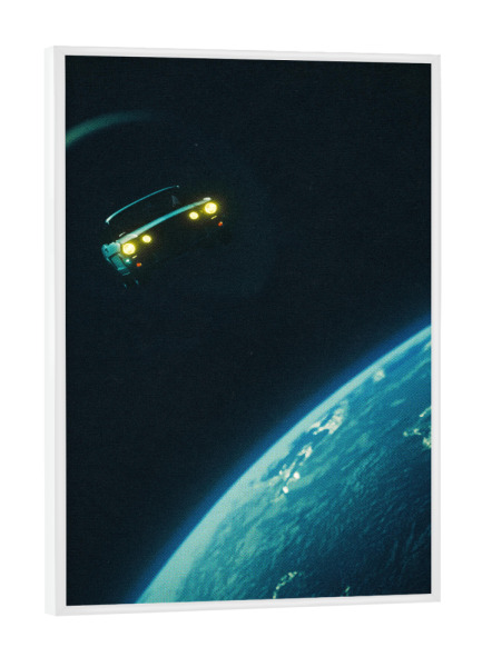 Poster mit weißem Rahmen "Autoreise im Weltraum" artboxONE - Reise,Automobile,Galaxy,Lustig