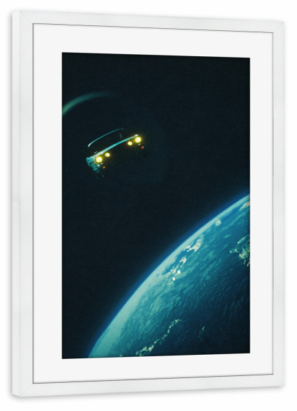 Poster mit Rahmen weiß "Autoreise im Weltraum" artboxONE - Reise,Automobile,Galaxy,Lustig
