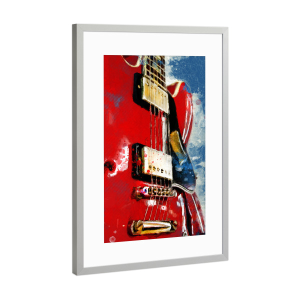 Poster mit Rahmen Silber "Aquarellkunst der roten Gitarre" artboxONE - Musik,Für Papa - Gitarre,Gitarrist,Musik,Musikinstrument,Aquarell,Kunst,Jazz
