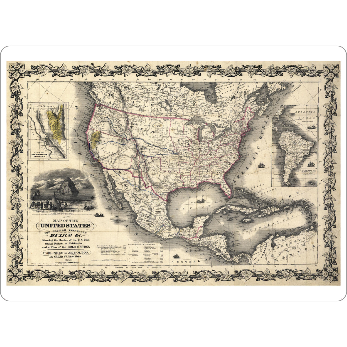 Tischset "Bildkarte der Vereinigten Staaten" artboxONE - Architektur,Kartografie - Karte,Flach,Antik,Retro,Alt,Karten,Karte der welt,Illustration