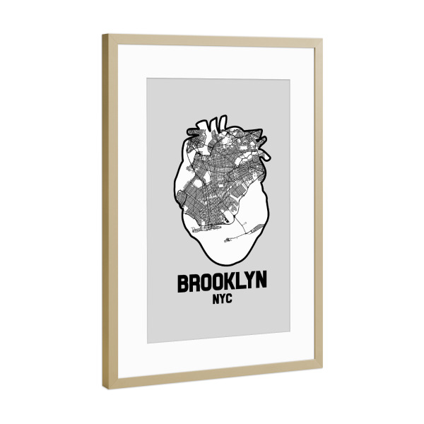 Poster mit Rahmen Gold "Brooklyn New York Herzkarte" artboxONE - Städte / New York,Reise,Kartografie