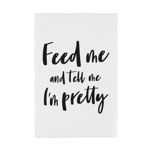 Holzbild "Feed me I Serie Black & White" artboxONE - Typografie,Menschen,Schwarzweiß,Liebe,Lustig