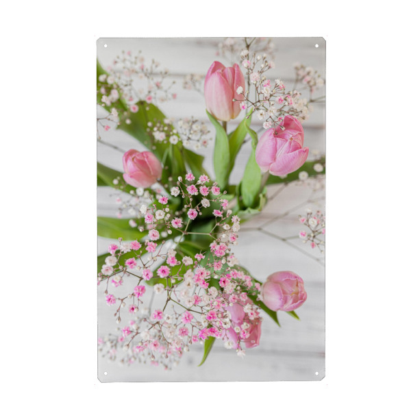 Metall Poster "Frühling und Tulpen" artboxONE - Floral - Tulpen,Frühling,Blumen,Rosa,Weiß,Shabby,Fotografie,Hell - Blechschild