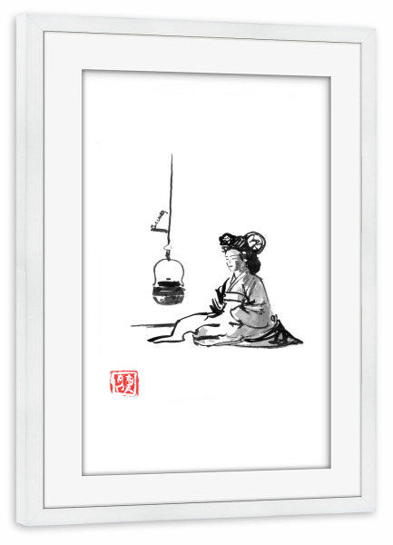 Poster mit Rahmen weiß "Teezeit für Geisha" artboxONE - Schwarzweiß,Reise / Asien - Tee,Geisha,Japan,Sumie,Schwarzweiß