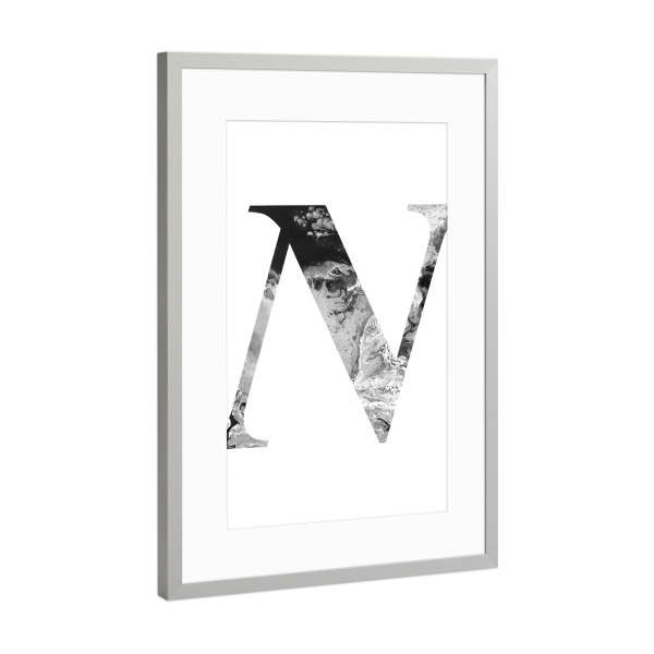 Poster mit Rahmen Silber "Buchstabe Alphabet N" artboxONE - Typografie,Schwarzweiß,Buchstaben,Buchstaben / N