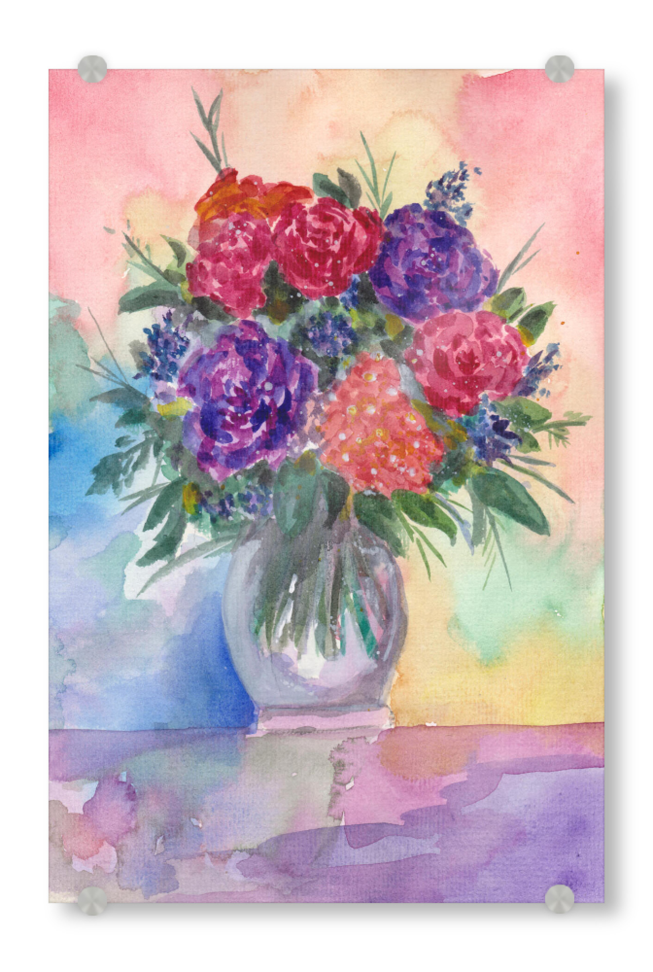 Acrylglasbild "Rote und Lila Rosen" artboxONE - Floral - Rosen,Blumen,Pflanzen,Bouquet,Strauß,Blumenstrauß,Wasserfarben,Blüten,Vase,Tisch