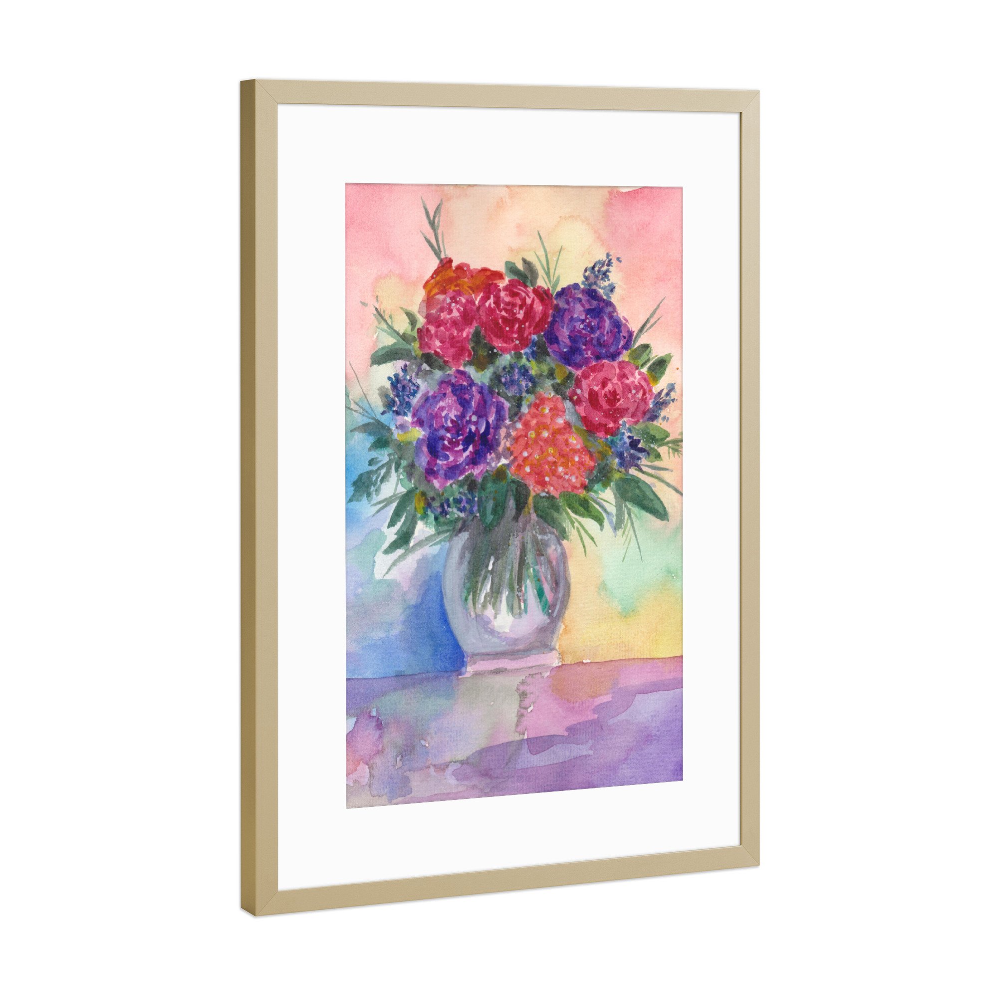 Poster mit Rahmen Gold "Rote und Lila Rosen" artboxONE - Floral - Rosen,Blumen,Pflanzen,Bouquet,Strauß,Blumenstrauß,Wasserfarben,Blüten,Vase,Tisch