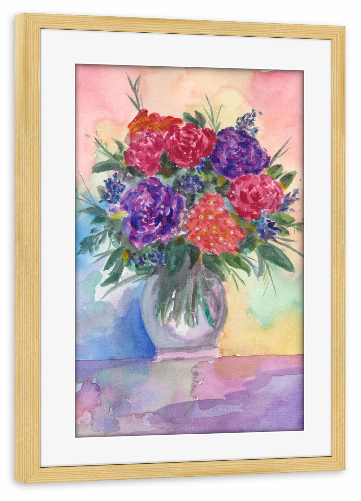 Poster mit Rahmen kiefer "Rote und Lila Rosen" artboxONE - Floral - Rosen,Blumen,Pflanzen,Bouquet,Strauß,Blumenstrauß,Wasserfarben,Blüten,Vase,Tisch