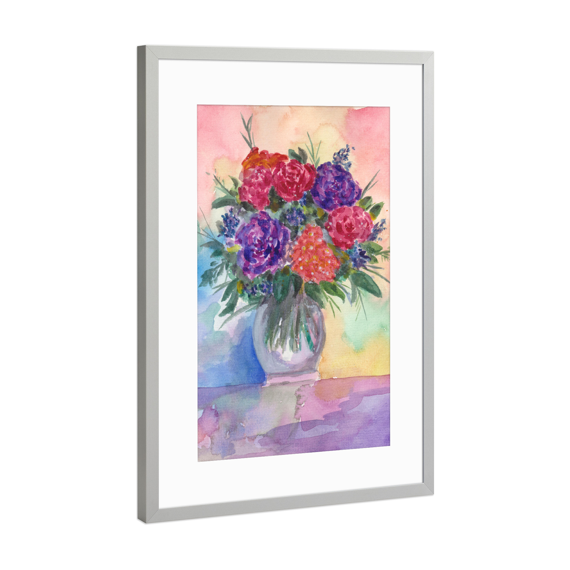 Poster mit Rahmen Silber "Rote und Lila Rosen" artboxONE - Floral - Rosen,Blumen,Pflanzen,Bouquet,Strauß,Blumenstrauß,Wasserfarben,Blüten,Vase,Tisch