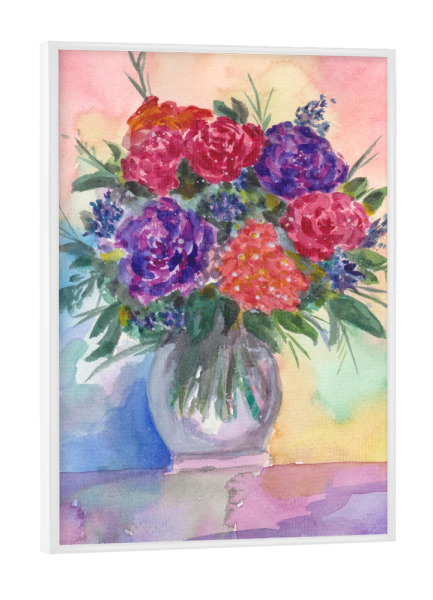 Poster mit weißem Rahmen "Rote und Lila Rosen" artboxONE - Floral - Rosen,Blumen,Pflanzen,Bouquet,Strauß,Blumenstrauß,Wasserfarben,Blüten,Vase,Tisch