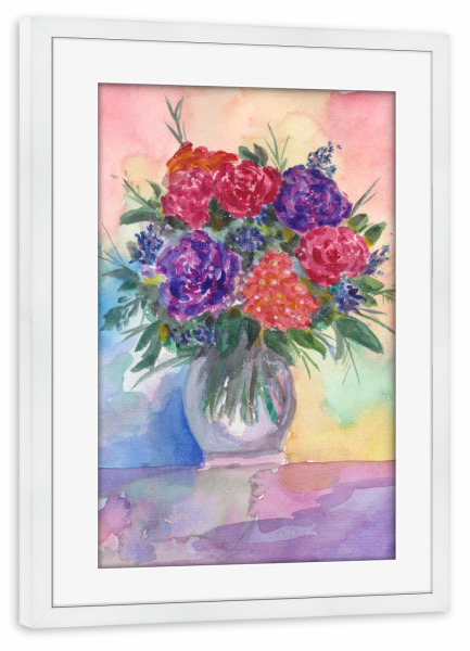 Poster mit Rahmen weiß "Rote und Lila Rosen" artboxONE - Floral - Rosen,Blumen,Pflanzen,Bouquet,Strauß,Blumenstrauß,Wasserfarben,Blüten,Vase,Tisch
