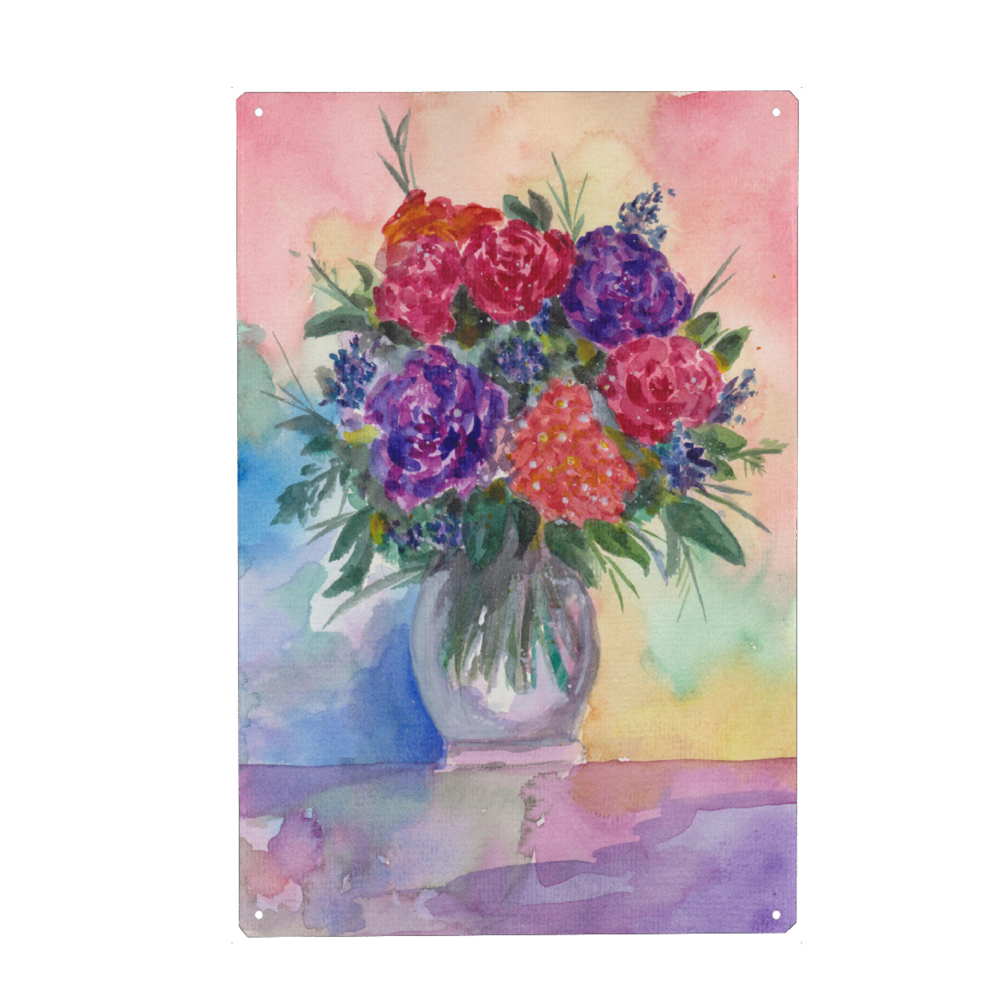Metall Poster "Rote und Lila Rosen" artboxONE - Floral - Rosen,Blumen,Pflanzen,Bouquet,Strauß,Blumenstrauß,Wasserfarben,Blüten,Vase,Tisch