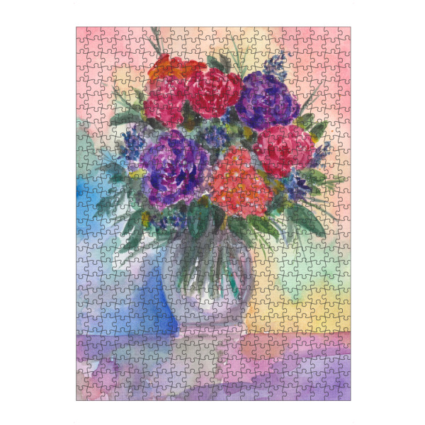 Puzzle Ravensburger "Rote und Lila Rosen" artboxONE - Floral - Rosen,Blumen,Pflanzen,Bouquet,Strauß,Blumenstrauß,Wasserfarben,Blüten,Vase,Tisch
