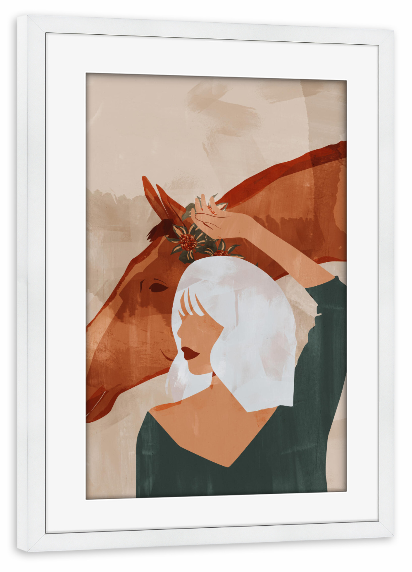 Poster mit Rahmen weiß "Frau und Pferd von TAS" artboxONE - Natur,Tiere,Abstrakt