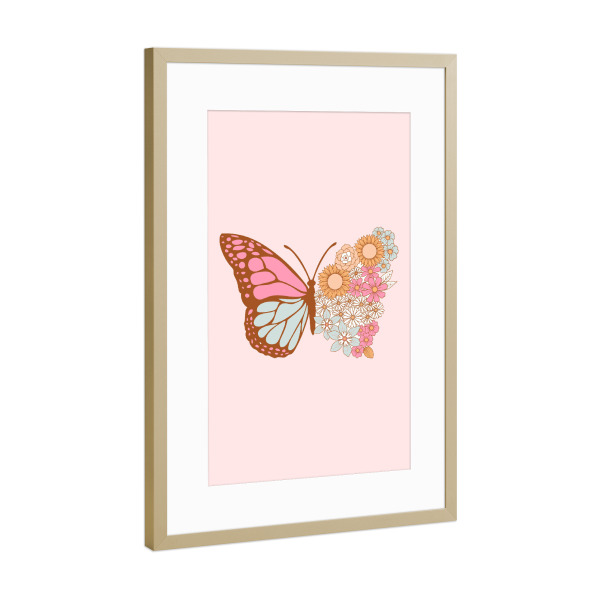 Poster mit Rahmen Gold "Blumenschmetterling" artboxONE - Natur,Floral,Tiere - Schmetterling,Frühling,Blume,Blumen,Flügel,Rosa,Zart,Pastell