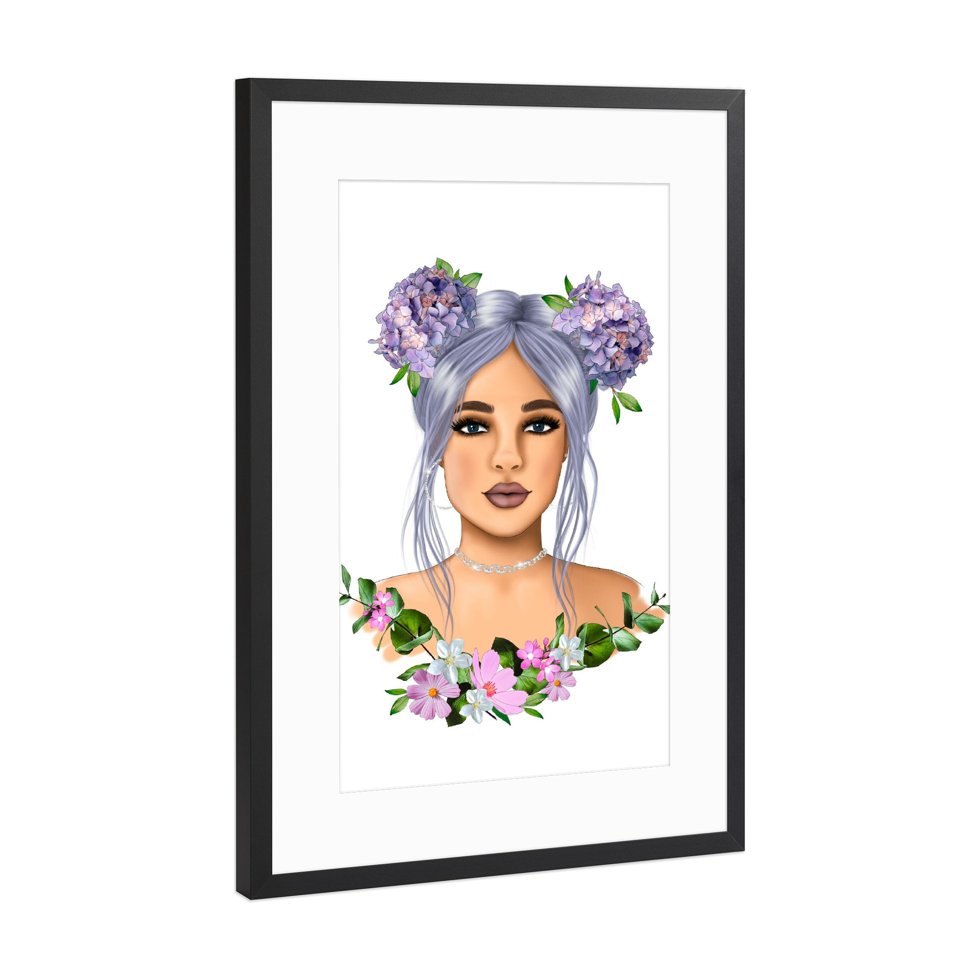 Poster mit Rahmen Schwarz (Metallic) "Hortensie Blumenmädchen" artboxONE - Floral,Liebe,Fashion,Für Mama,Lustig
