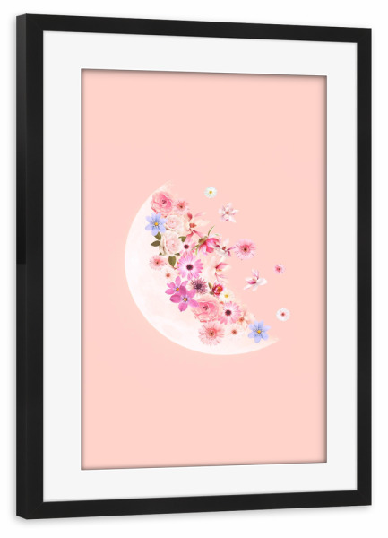 Poster mit Rahmen schwarz "Blumenmond" artboxONE - Natur,Floral,Abstrakt - Mond,Halbmond,Blumen,Blume,Magie,Schön,Mädchenhaft,Frühling,Universum
