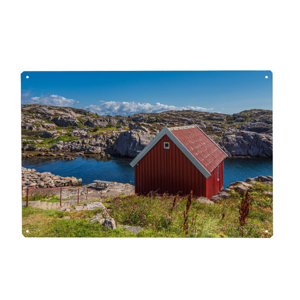 Metall Poster "Rote Hütte in Lindesnes" artboxONE - Natur,Reise,Architektur,Reise / Strand und Meer,Reise / Länder