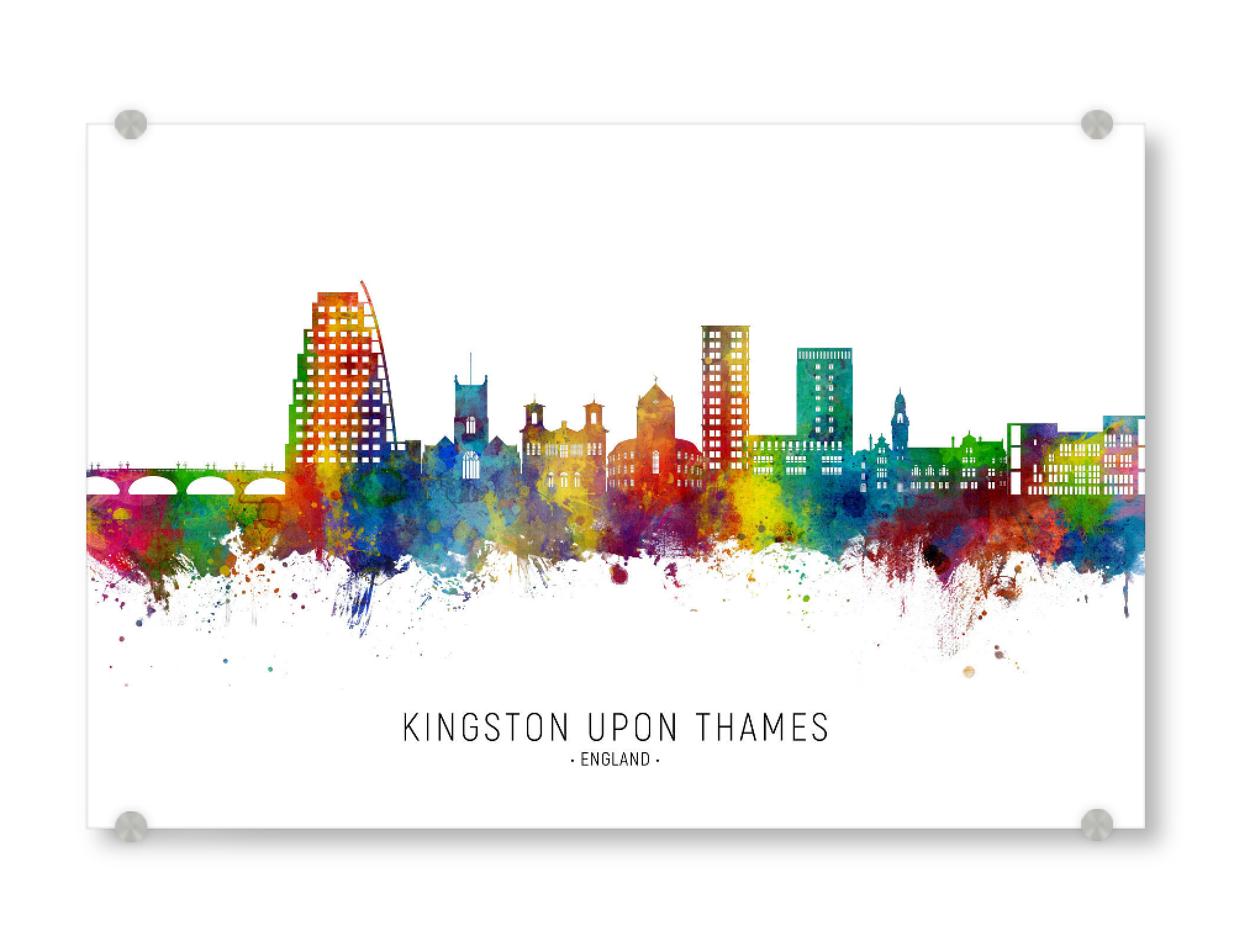 Acrylglasbild "Kingston upon Thames Skyline txt" artboxONE - Städte - Kingston upon thames,England,Skyline,Stadtbild,Stadtbild,Aquarell,Malerei
