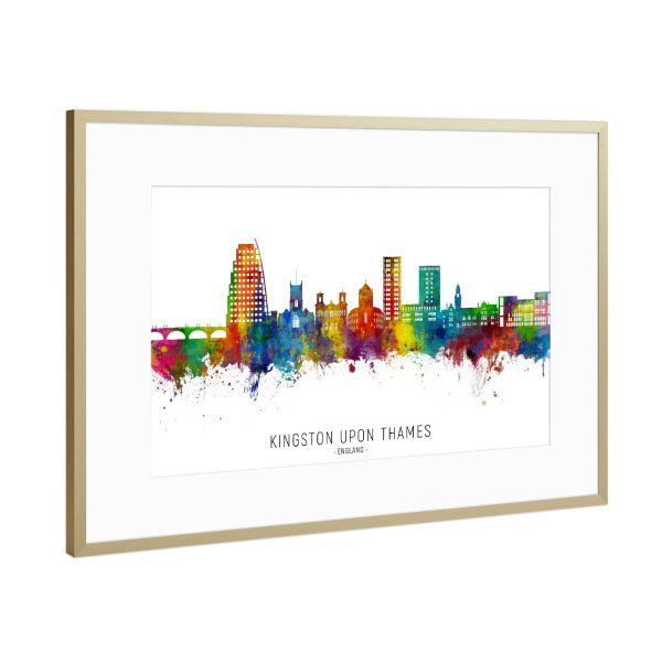 Poster mit Rahmen Gold "Kingston upon Thames Skyline txt" artboxONE - Städte