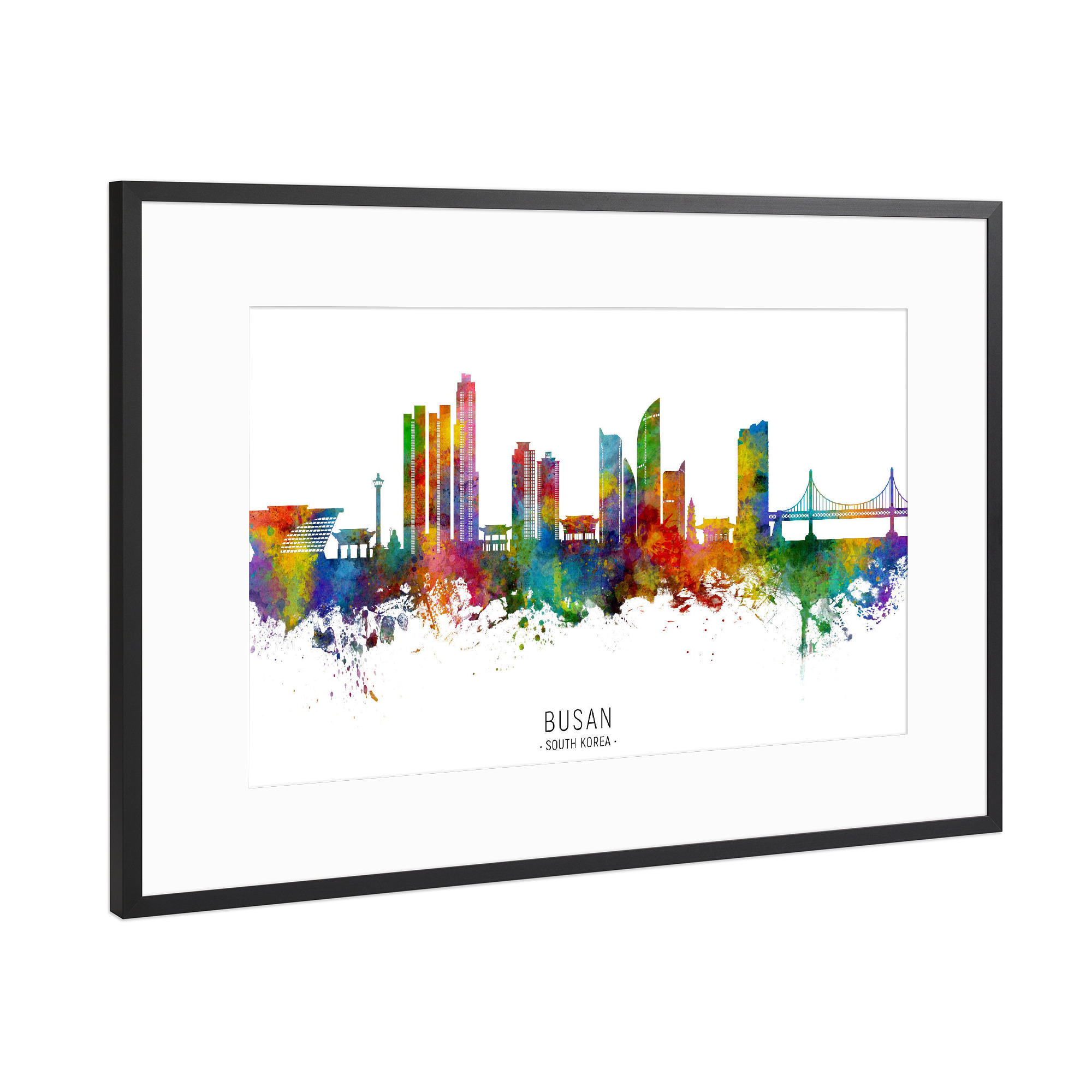 Poster mit Rahmen Schwarz (Metallic) "Busan Skyline Südkorea txt" artboxONE - Städte