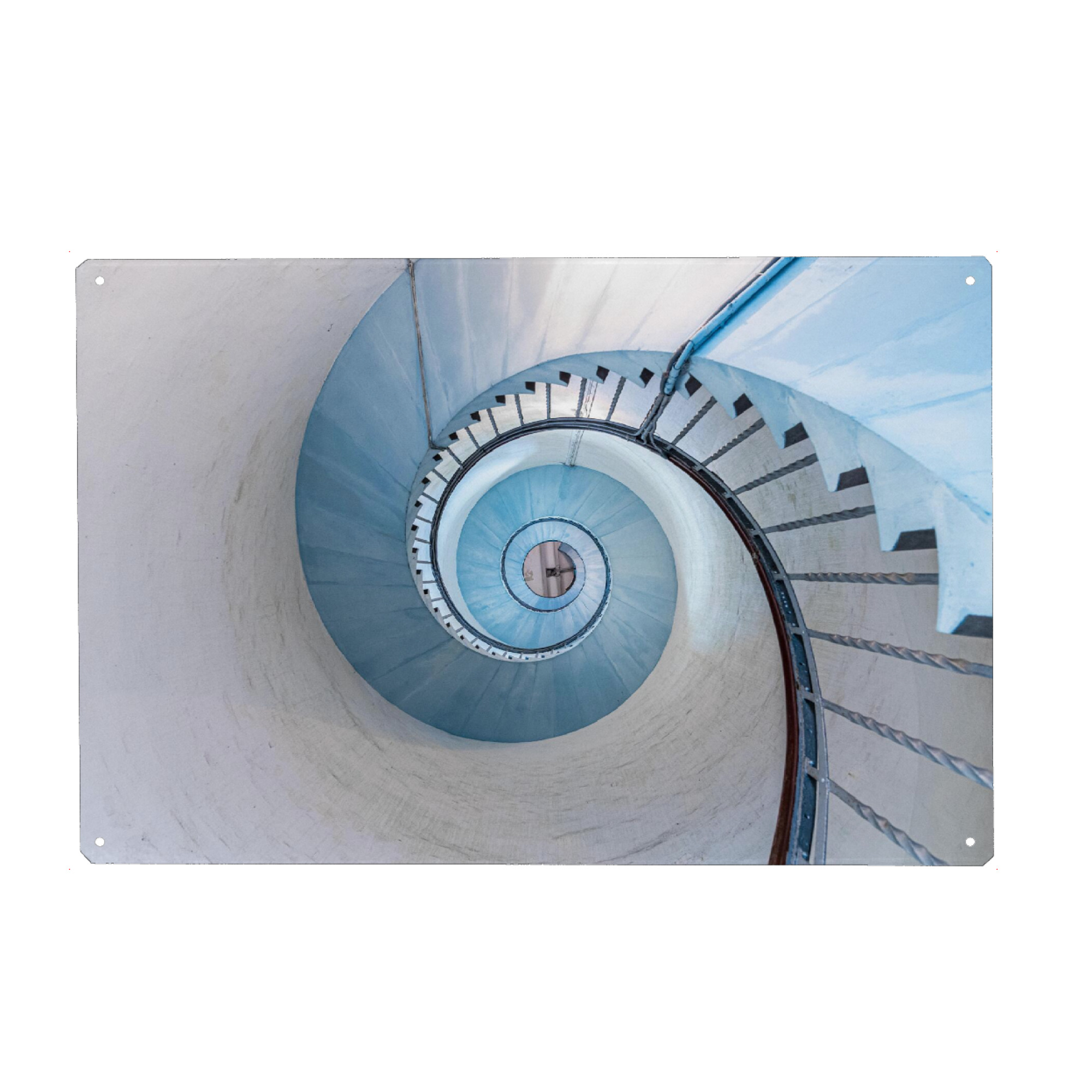 Metall Poster "Leuchtturm von innen" artboxONE - Architektur - Architektur,Leuchtturm,Treppen,Treppenhaus,Weiß,Blau,Licht,Hell,Spirale,Rund,Fotografie