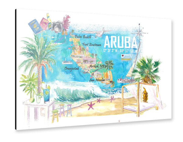 Alu-Dibond "Aruba Illustrierte Karte" 30x20 cm artboxONE