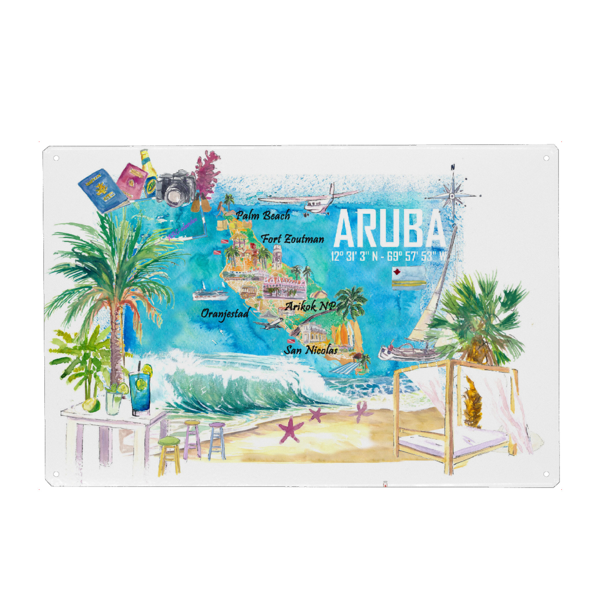 Holzbild "Aruba Illustrierte Karte" artboxONE - Reise,Reise / Strand und Meer,Kartografie