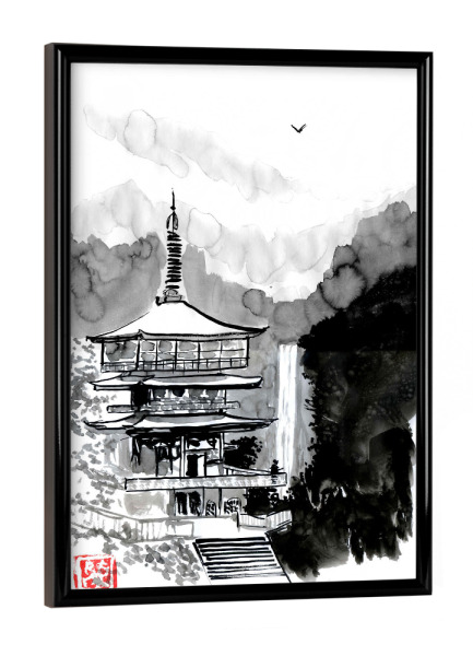 Poster mit schwarzem Rahmen "Pagode und Herbst" artboxONE - Schwarzweiß,Reise / Asien - Fallen,Pagode,Samurai,Sumie,Japan,Berg
